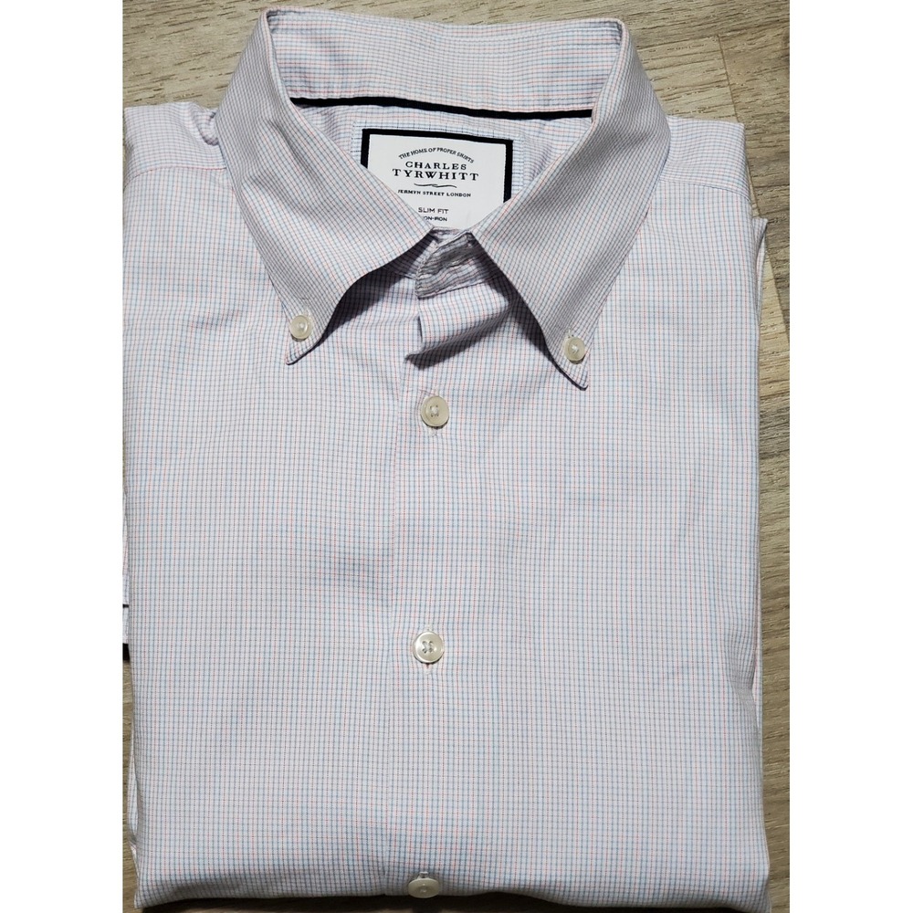 Charles Tyrwhitt Men's Blue Red Check Slim Fit Non-Iron Dress Shirt Size 17x34